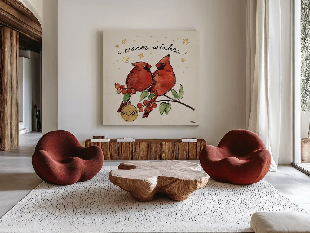 Christmas Lovebirds IX by Janelle Penner. Shown as extra-large giant wall art in a modern living room. Available as an archival giclee rolled canvas, fine art paper, or poster print. SKU 46755a.