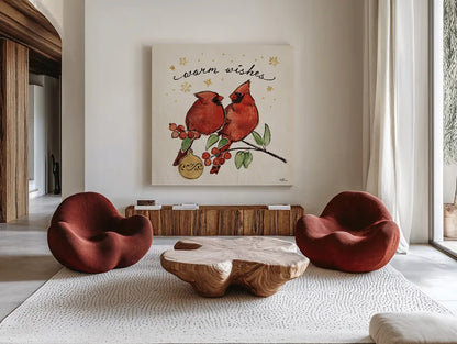 Christmas Lovebirds IX by Janelle Penner. Shown as extra-large giant wall art in a modern living room. Available as an archival giclee rolled canvas, fine art paper, or poster print. SKU 46755a.
