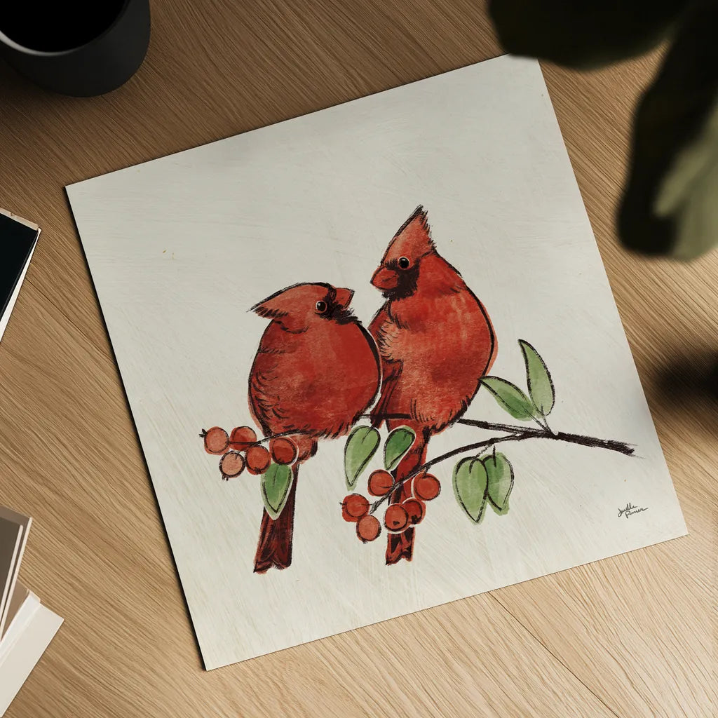 Christmas Lovebirds IX No Gold by Janelle Penner. Shown as a detailed flat fine art print, highlighting archival giclee quality. Available as an archival giclee rolled canvas, fine art paper, or poster print. SKU 68925a.