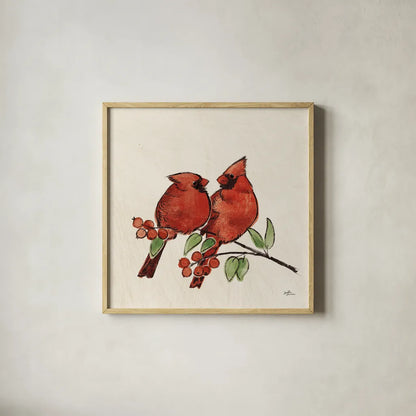 Christmas Lovebirds IX No Gold by Janelle Penner. Shown in a natural wood glass frame for a timeless modern aesthetic. Available as an archival giclee rolled canvas, fine art paper, or poster print. SKU 68925a.