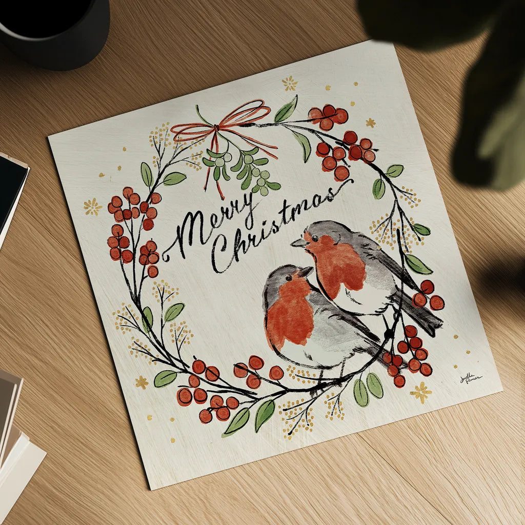 Christmas Lovebirds V by Janelle Penner. Shown as a detailed flat fine art print, highlighting archival giclee quality. Available as an archival giclee rolled canvas, fine art paper, or poster print. SKU 46751a.