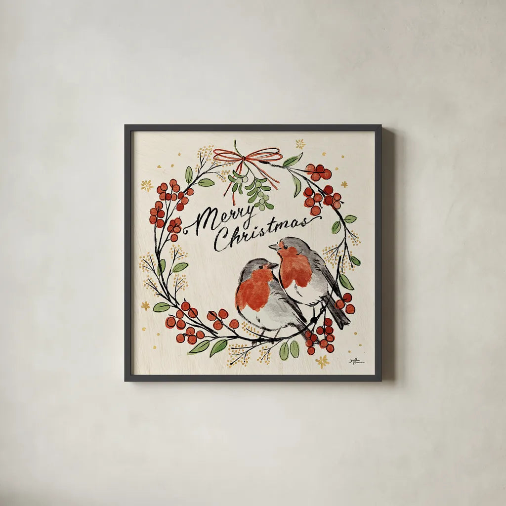 Christmas Lovebirds V by Janelle Penner. Shown in a sleek black glass frame for a contemporary gallery look. Available as an archival giclee rolled canvas, fine art paper, or poster print. SKU 46751a.