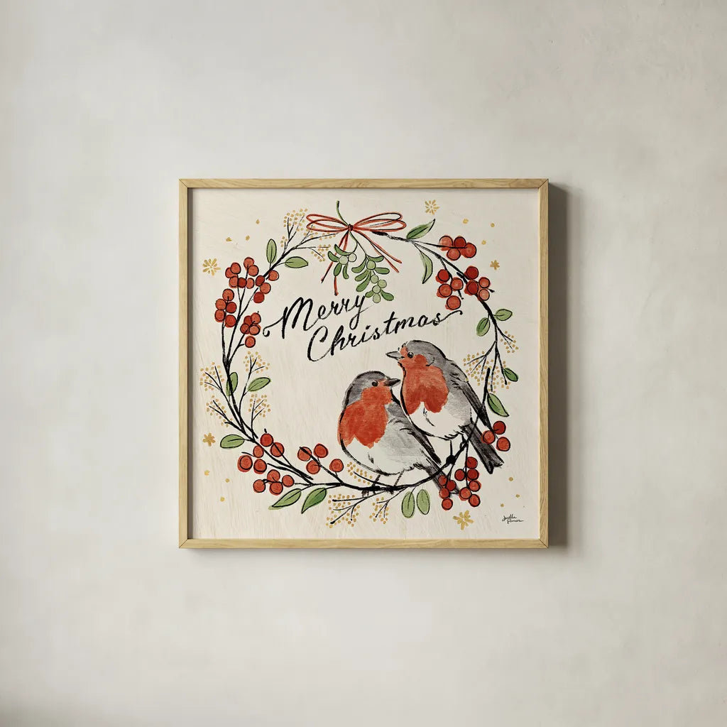 Christmas Lovebirds V by Janelle Penner. Shown in a natural wood glass frame for a timeless modern aesthetic. Available as an archival giclee rolled canvas, fine art paper, or poster print. SKU 46751a.