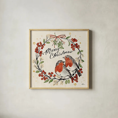 Christmas Lovebirds V by Janelle Penner. Shown in a natural wood glass frame for a timeless modern aesthetic. Available as an archival giclee rolled canvas, fine art paper, or poster print. SKU 46751a.
