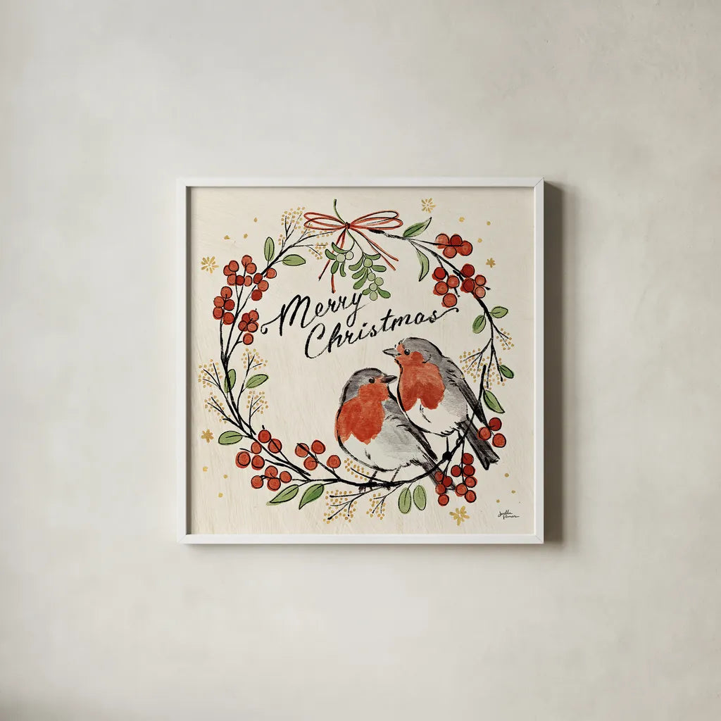 Christmas Lovebirds V by Janelle Penner. Shown in a crisp white glass frame for a clean and minimalist style. Available as an archival giclee rolled canvas, fine art paper, or poster print. SKU 46751a.