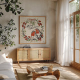 Christmas Lovebirds V by Janelle Penner. Shown in a natural wood frame in a cozy modern living room. Available as an archival giclee rolled canvas, fine art paper, or poster print. SKU 46751a.
