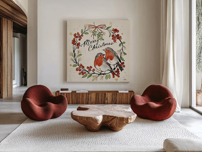 Christmas Lovebirds V by Janelle Penner. Shown as extra-large giant wall art in a modern living room. Available as an archival giclee rolled canvas, fine art paper, or poster print. SKU 46751a.