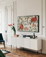 Christmas Lovebirds VIII by Janelle Penner. shown as a framed stretched canvas in a living room above a console. Available as a archival giclee rolled canvas, fine art paper, or poster print. SKU 46754i.