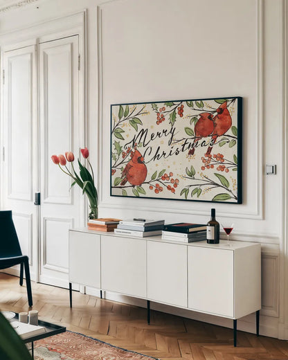 Christmas Lovebirds VIII by Janelle Penner. shown as a framed stretched canvas in a living room above a console. Available as a archival giclee rolled canvas, fine art paper, or poster print. SKU 46754i.
