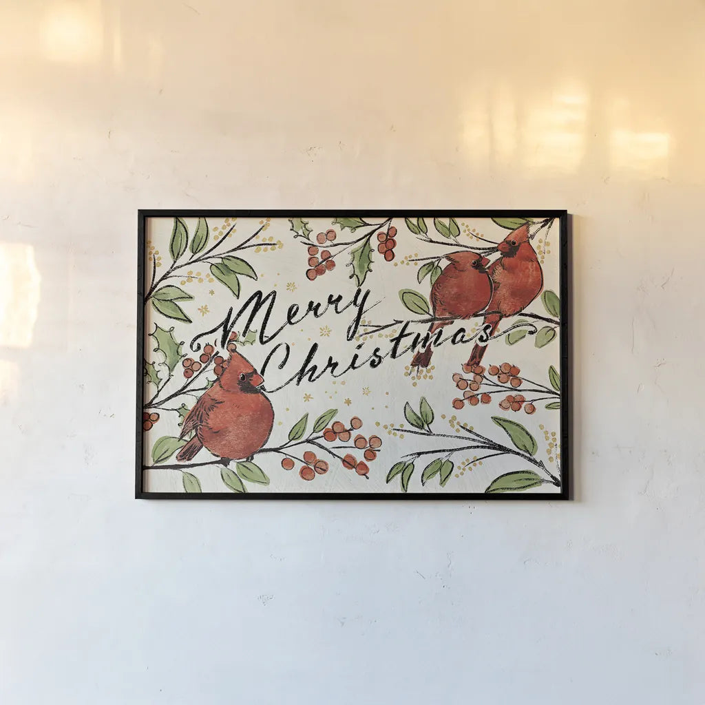 Christmas Lovebirds VIII by Janelle Penner. shown as a paper print in a black flame. Available as a archival giclee rolled canvas, fine art paper, or poster print. SKU 46754i.