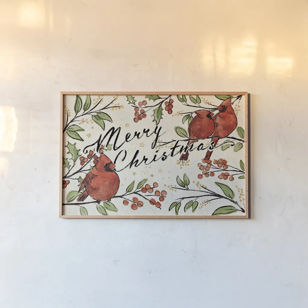 Christmas Lovebirds VIII by Janelle Penner. shown as a paper print in a natural frame. Available as a archival giclee rolled canvas, fine art paper, or poster print. SKU 46754i.
