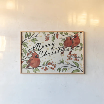 Christmas Lovebirds VIII by Janelle Penner. shown as a paper print in a natural frame. Available as a archival giclee rolled canvas, fine art paper, or poster print. SKU 46754i.