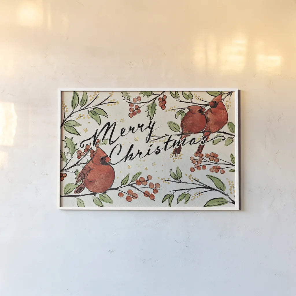 Christmas Lovebirds VIII by Janelle Penner. shown as a paper print in a white frame. Available as a archival giclee rolled canvas, fine art paper, or poster print. SKU 46754i.