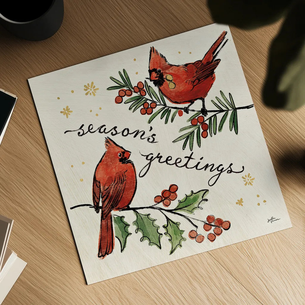 Christmas Lovebirds X by Janelle Penner. Shown as a detailed flat fine art print, highlighting archival giclee quality. Available as an archival giclee rolled canvas, fine art paper, or poster print. SKU 46756a.