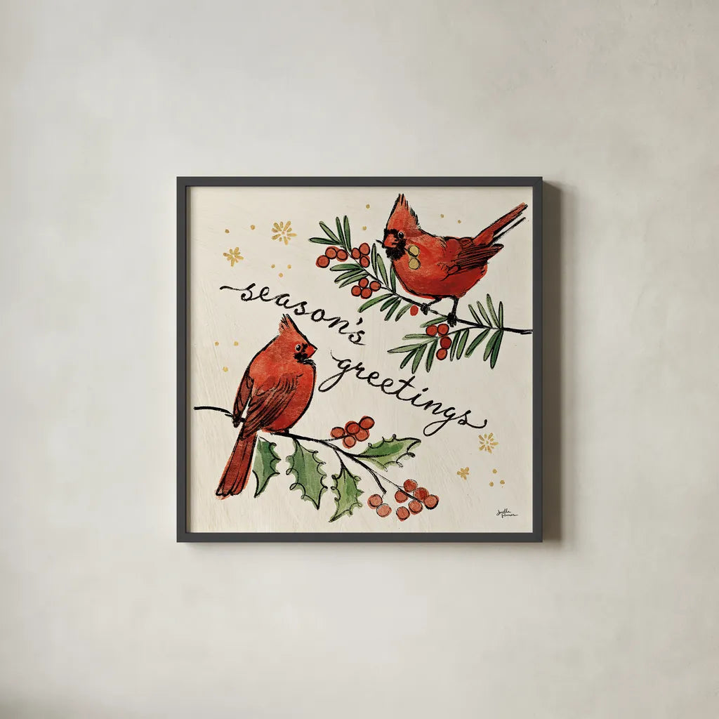 Christmas Lovebirds X by Janelle Penner. Shown in a sleek black glass frame for a contemporary gallery look. Available as an archival giclee rolled canvas, fine art paper, or poster print. SKU 46756a.