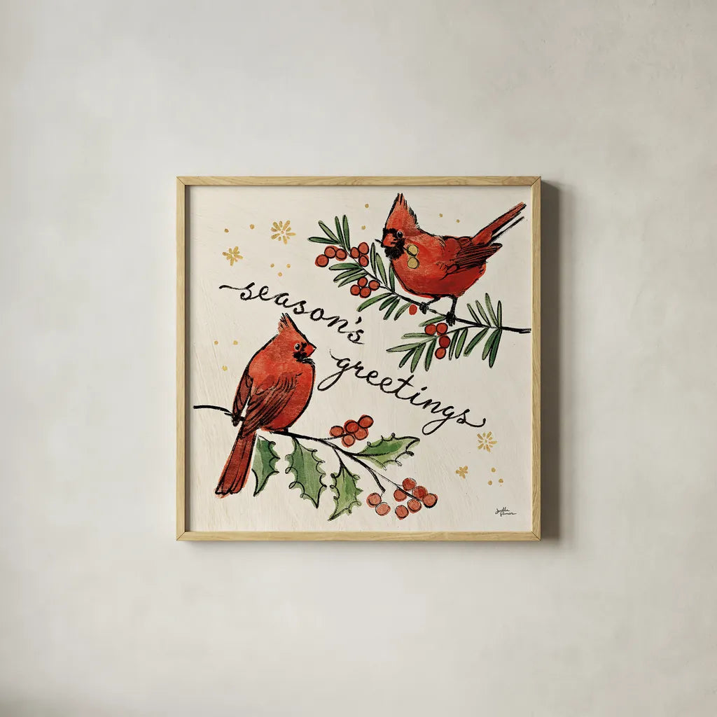 Christmas Lovebirds X by Janelle Penner. Shown in a natural wood glass frame for a timeless modern aesthetic. Available as an archival giclee rolled canvas, fine art paper, or poster print. SKU 46756a.