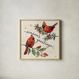 Christmas Lovebirds X by Janelle Penner. Shown in a natural wood glass frame for a timeless modern aesthetic. Available as an archival giclee rolled canvas, fine art paper, or poster print. SKU 46756a.