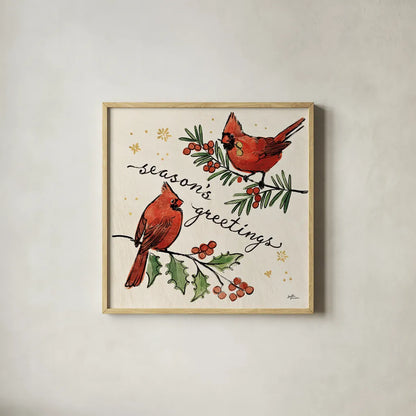 Christmas Lovebirds X by Janelle Penner. Shown in a natural wood glass frame for a timeless modern aesthetic. Available as an archival giclee rolled canvas, fine art paper, or poster print. SKU 46756a.