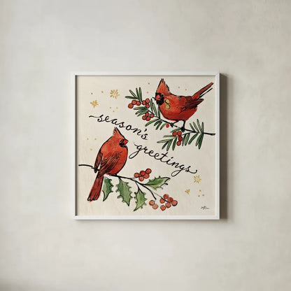 Christmas Lovebirds X by Janelle Penner. Shown in a crisp white glass frame for a clean and minimalist style. Available as an archival giclee rolled canvas, fine art paper, or poster print. SKU 46756a.