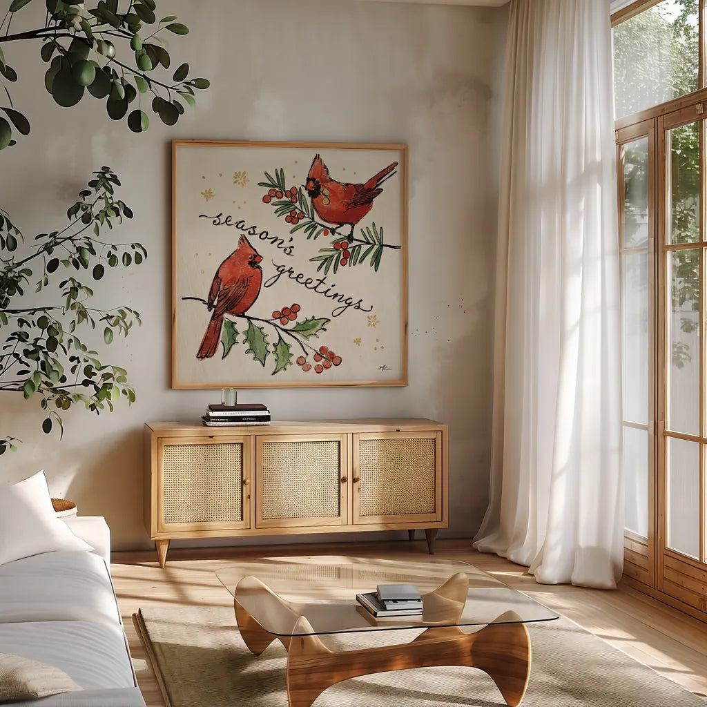 Christmas Lovebirds X by Janelle Penner. Shown in a natural wood frame in a cozy modern living room. Available as an archival giclee rolled canvas, fine art paper, or poster print. SKU 46756a.