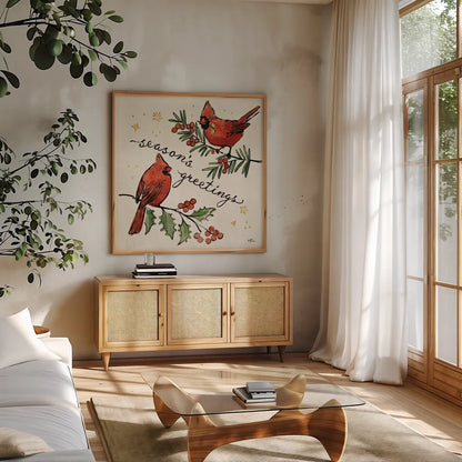 Christmas Lovebirds X by Janelle Penner. Shown in a natural wood frame in a cozy modern living room. Available as an archival giclee rolled canvas, fine art paper, or poster print. SKU 46756a.