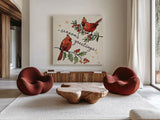 Christmas Lovebirds X by Janelle Penner. Shown as extra-large giant wall art in a modern living room. Available as an archival giclee rolled canvas, fine art paper, or poster print. SKU 46756a.