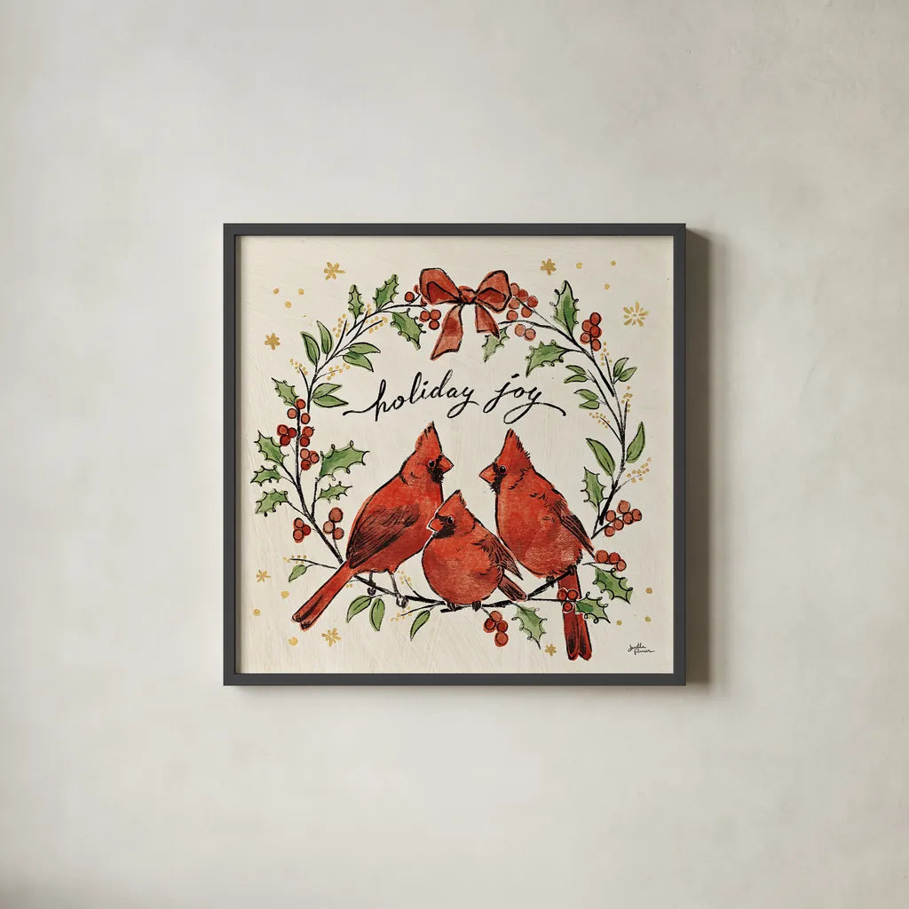Christmas Lovebirds XI by Janelle Penner. Shown in a sleek black glass frame for a contemporary gallery look. Available as an archival giclee rolled canvas, fine art paper, or poster print. SKU 46757a.
