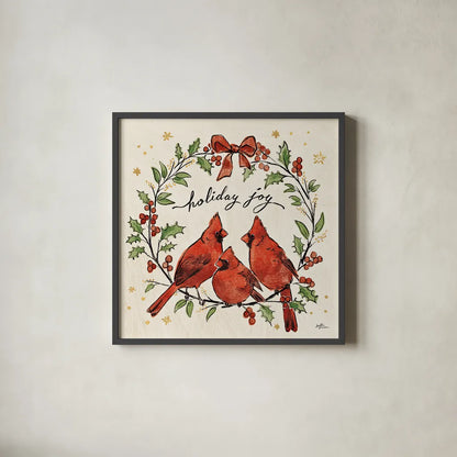Christmas Lovebirds XI by Janelle Penner. Shown in a sleek black glass frame for a contemporary gallery look. Available as an archival giclee rolled canvas, fine art paper, or poster print. SKU 46757a.