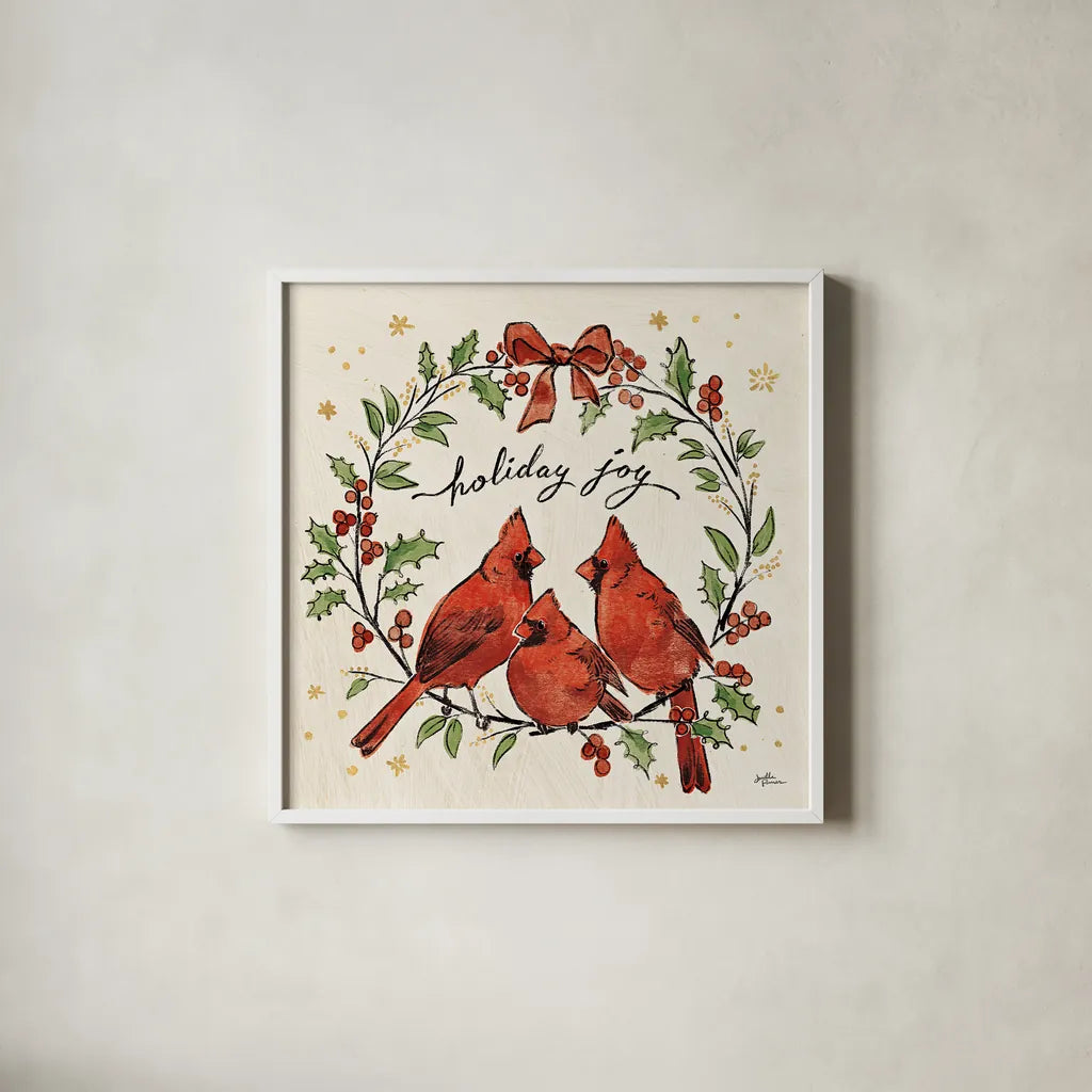 Christmas Lovebirds XI by Janelle Penner. Shown in a crisp white glass frame for a clean and minimalist style. Available as an archival giclee rolled canvas, fine art paper, or poster print. SKU 46757a.