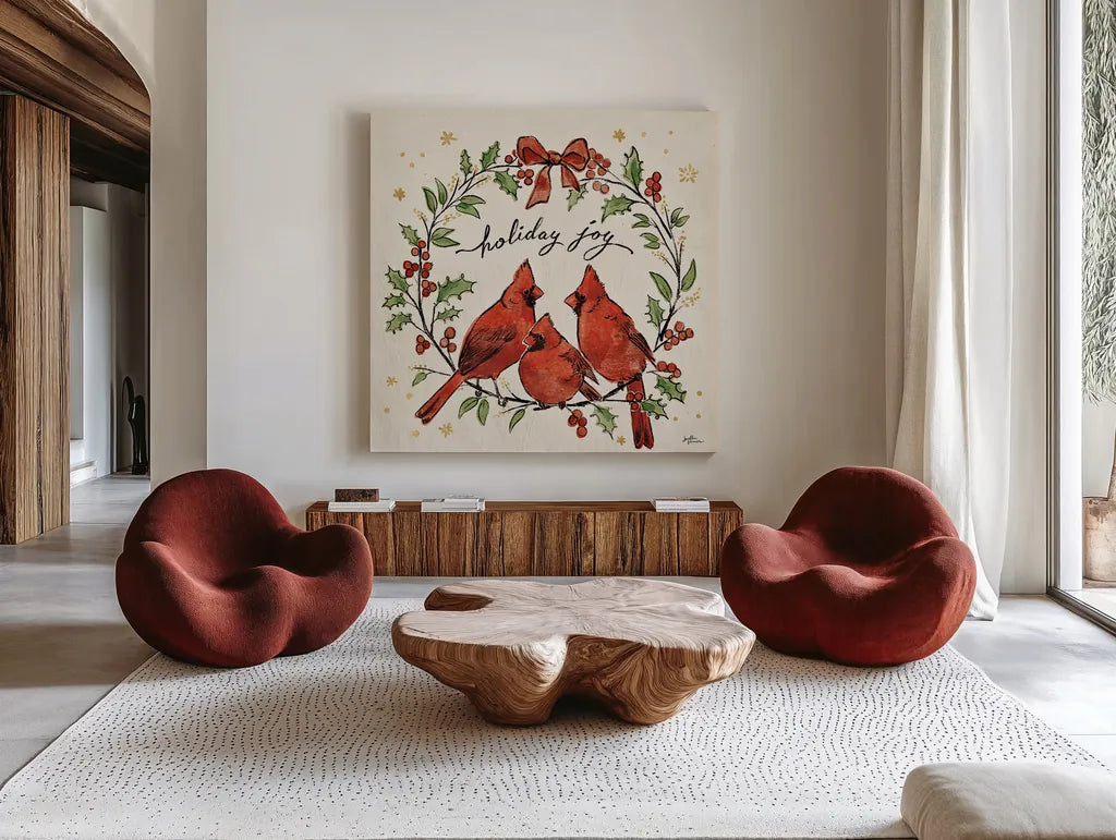 Christmas Lovebirds XI by Janelle Penner. Shown as extra-large giant wall art in a modern living room. Available as an archival giclee rolled canvas, fine art paper, or poster print. SKU 46757a.