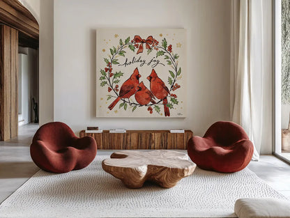 Christmas Lovebirds XI by Janelle Penner. Shown as extra-large giant wall art in a modern living room. Available as an archival giclee rolled canvas, fine art paper, or poster print. SKU 46757a.