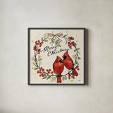 Christmas Lovebirds XII by Janelle Penner. Shown in a sleek black glass frame for a contemporary gallery look. Available as an archival giclee rolled canvas, fine art paper, or poster print. SKU 46758a.