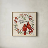 Christmas Lovebirds XII by Janelle Penner. Shown in a natural wood glass frame for a timeless modern aesthetic. Available as an archival giclee rolled canvas, fine art paper, or poster print. SKU 46758a.