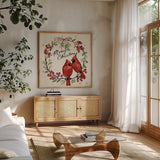 Christmas Lovebirds XII by Janelle Penner. Shown in a natural wood frame in a cozy modern living room. Available as an archival giclee rolled canvas, fine art paper, or poster print. SKU 46758a.