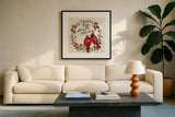 Christmas Lovebirds XII by Janelle Penner. Displayed in a glass frame with matte in a clean modern living room. Available as an archival giclee rolled canvas, fine art paper, or poster print. SKU 46758a.