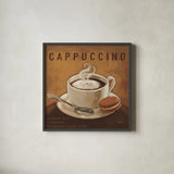 Coffee and Co I by Janelle Penner. Shown in a sleek black glass frame for a contemporary gallery look. Available as an archival giclee rolled canvas, fine art paper, or poster print. SKU 27707a.