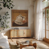 Coffee and Co I by Janelle Penner. Shown in a natural wood frame in a cozy modern living room. Available as an archival giclee rolled canvas, fine art paper, or poster print. SKU 27707a.