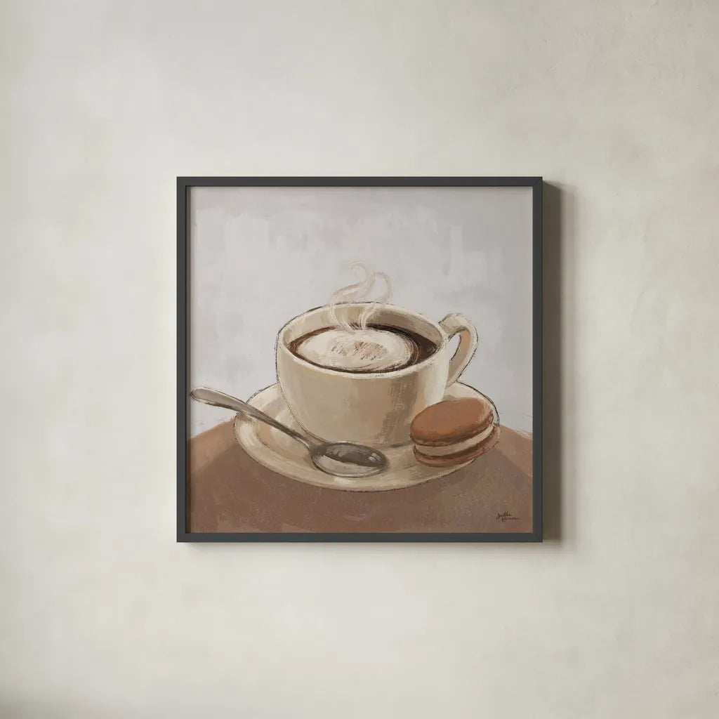 Coffee and Co I Neutral by Janelle Penner. Shown in a sleek black glass frame for a contemporary gallery look. Available as an archival giclee rolled canvas, fine art paper, or poster print. SKU 83402a.