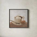 Coffee and Co I Neutral by Janelle Penner. Shown in a sleek black glass frame for a contemporary gallery look. Available as an archival giclee rolled canvas, fine art paper, or poster print. SKU 83402a.