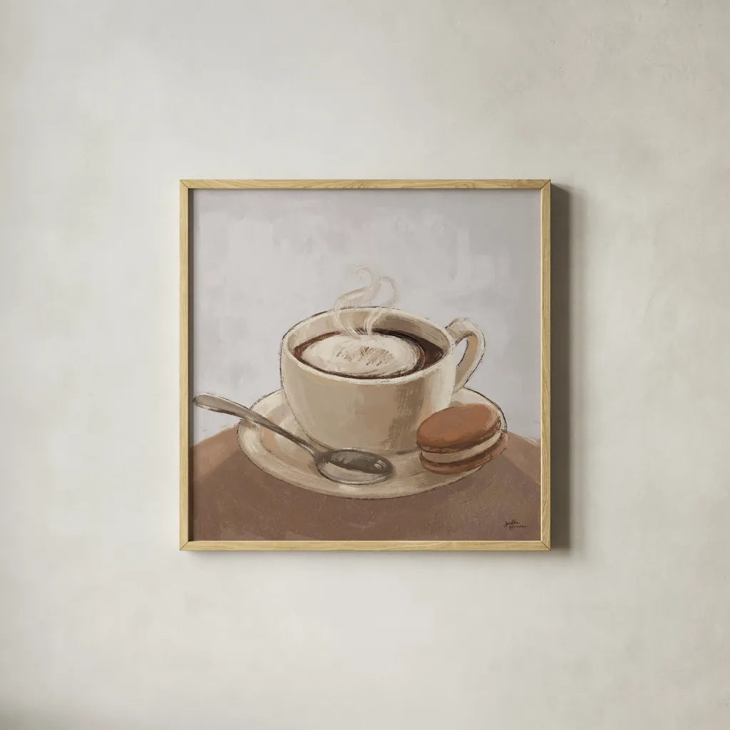 Coffee and Co I Neutral by Janelle Penner. Shown in a natural wood glass frame for a timeless modern aesthetic. Available as an archival giclee rolled canvas, fine art paper, or poster print. SKU 83402a.