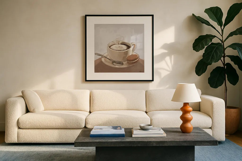 Coffee and Co I Neutral by Janelle Penner. Displayed in a glass frame with matte in a clean modern living room. Available as an archival giclee rolled canvas, fine art paper, or poster print. SKU 83402a.