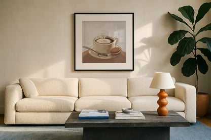 Coffee and Co I Neutral by Janelle Penner. Displayed in a glass frame with matte in a clean modern living room. Available as an archival giclee rolled canvas, fine art paper, or poster print. SKU 83402a.