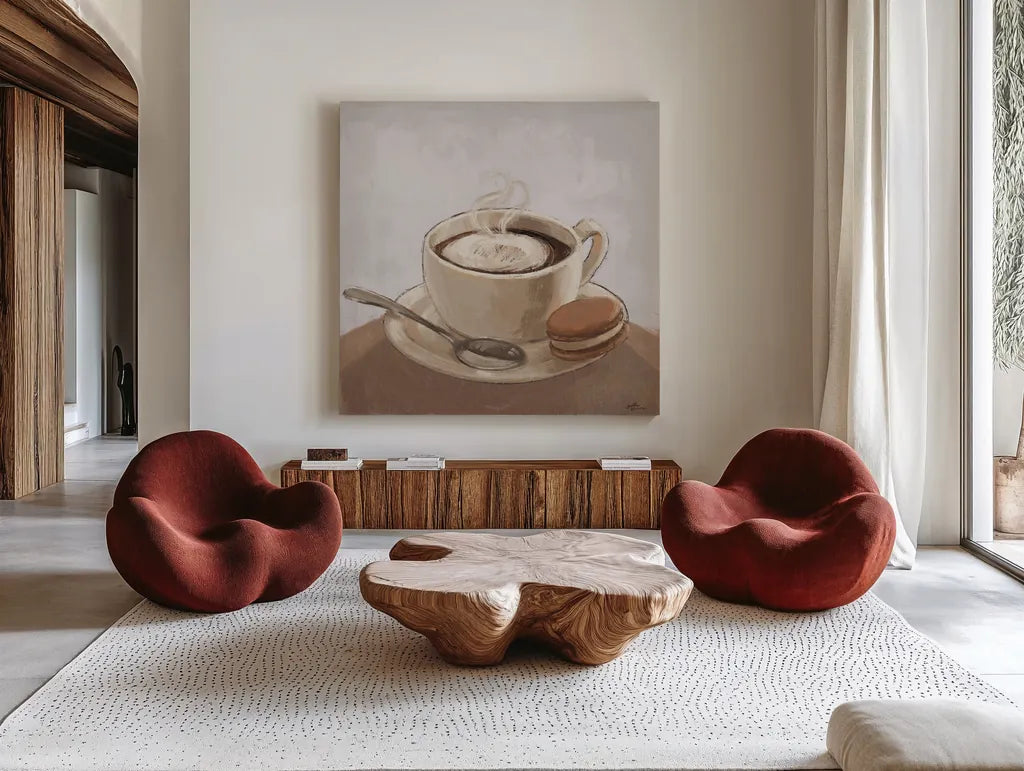 Coffee and Co I Neutral by Janelle Penner. Shown as extra-large giant wall art in a modern living room. Available as an archival giclee rolled canvas, fine art paper, or poster print. SKU 83402a.