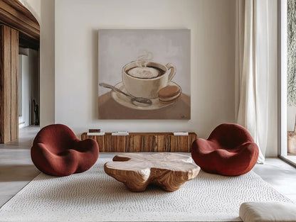 Coffee and Co I Neutral by Janelle Penner. Shown as extra-large giant wall art in a modern living room. Available as an archival giclee rolled canvas, fine art paper, or poster print. SKU 83402a.