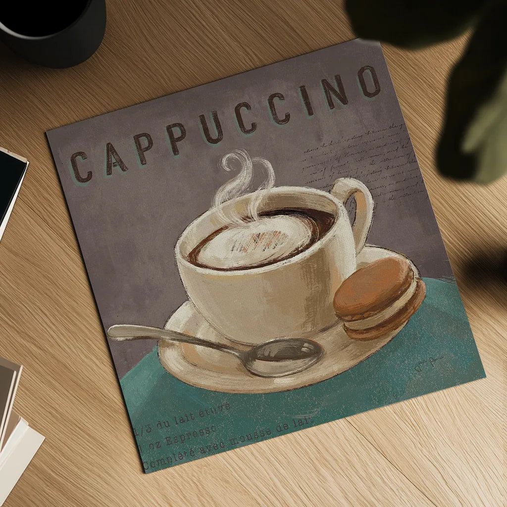 Coffee and Co I Teal and Gray by Janelle Penner. Shown as a detailed flat fine art print, highlighting archival giclee quality. Available as an archival giclee rolled canvas, fine art paper, or poster print. SKU 29219a.