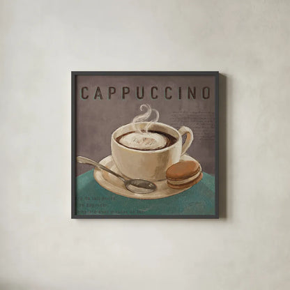 Coffee and Co I Teal and Gray by Janelle Penner. Shown in a sleek black glass frame for a contemporary gallery look. Available as an archival giclee rolled canvas, fine art paper, or poster print. SKU 29219a.