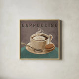Coffee and Co I Teal and Gray by Janelle Penner. Shown in a natural wood glass frame for a timeless modern aesthetic. Available as an archival giclee rolled canvas, fine art paper, or poster print. SKU 29219a.