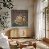 Coffee and Co I Teal and Gray by Janelle Penner. Shown in a natural wood frame in a cozy modern living room. Available as an archival giclee rolled canvas, fine art paper, or poster print. SKU 29219a.