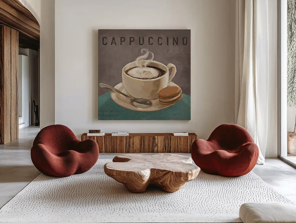 Coffee and Co I Teal and Gray by Janelle Penner. Shown as extra-large giant wall art in a modern living room. Available as an archival giclee rolled canvas, fine art paper, or poster print. SKU 29219a.