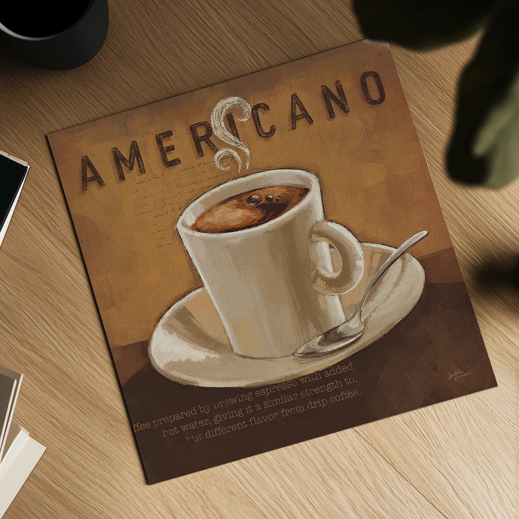 Coffee and Co II by Janelle Penner. Shown as a detailed flat fine art print, highlighting archival giclee quality. Available as an archival giclee rolled canvas, fine art paper, or poster print. SKU 27708a.